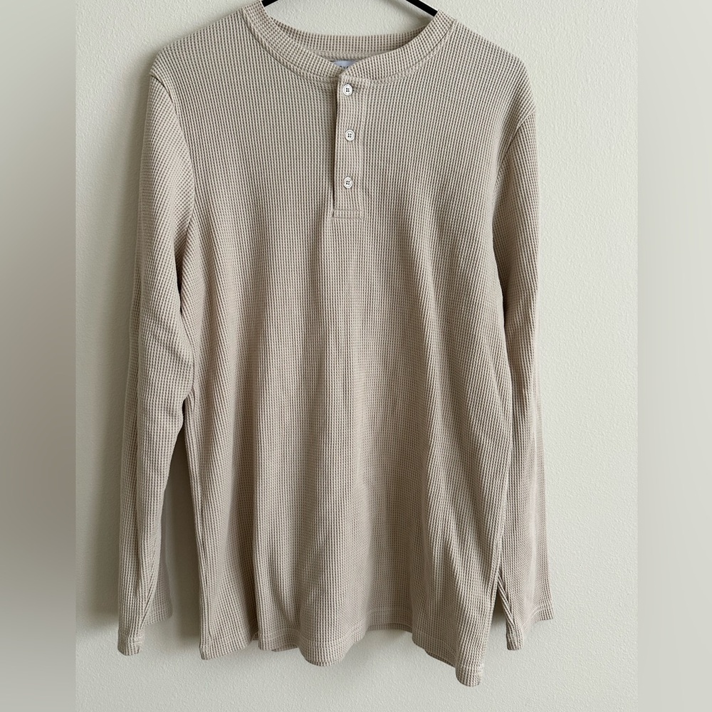 Henley waffle cream men large shirt long sleeve